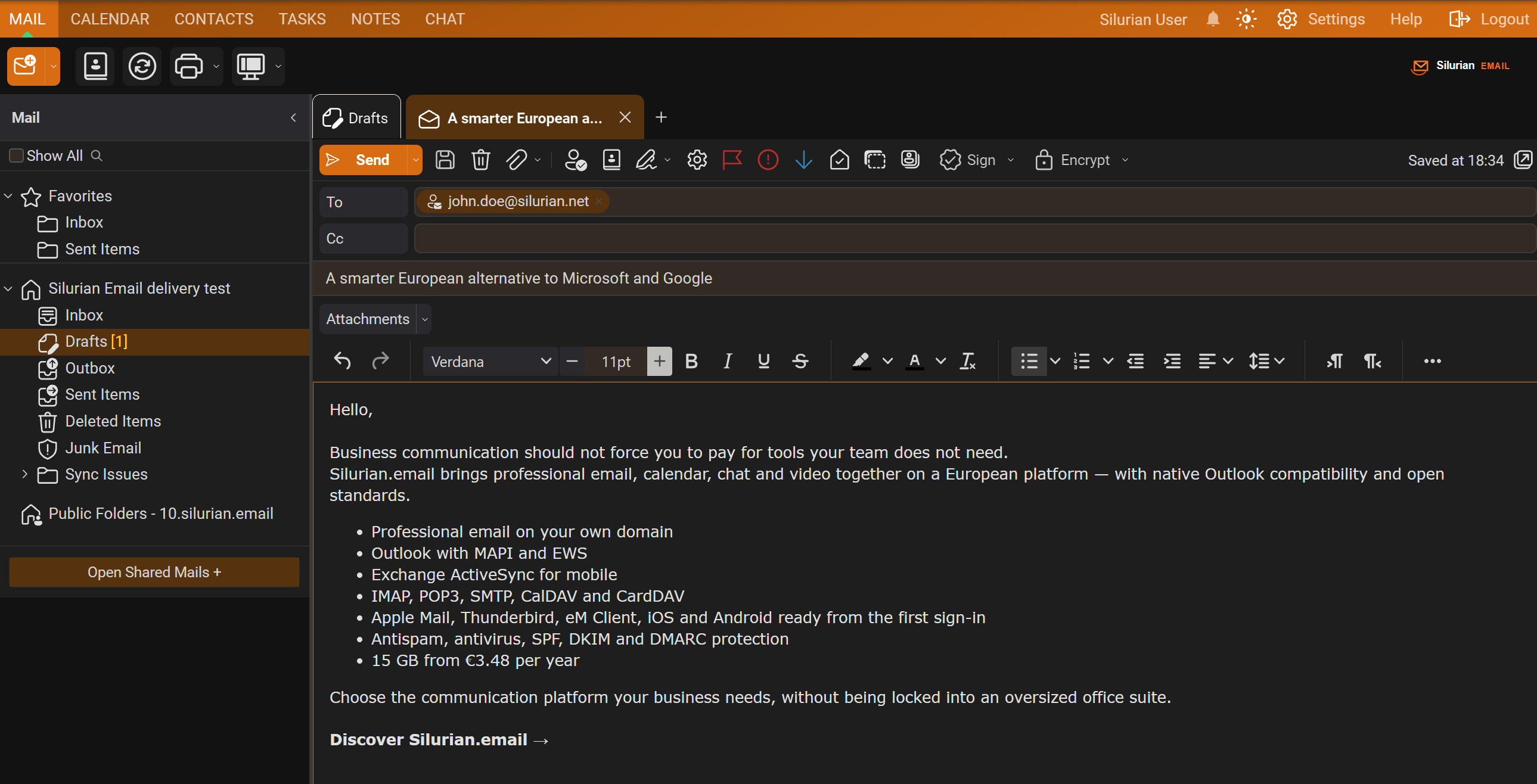 Silurian.email webmail redigindo uma mensagem promocional